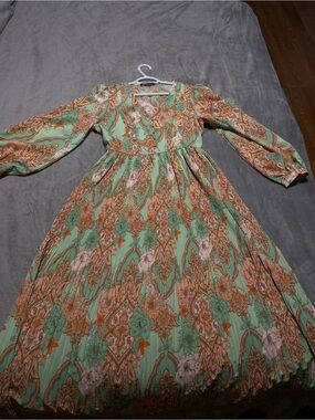 Mint Green Floral Maxi Dress with Peach Paisley Print